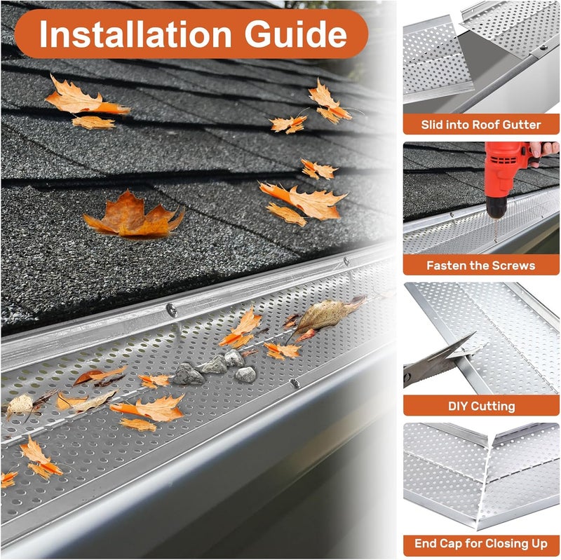 Duckweed 5 inch Gutter Guard, 13 Pack-52ft, Aluminum Rain Gutter Guard, DIY Leaf Filter Gutter Guard Protection Cover, Raptor Mesh Gutter Screen Cleaning Tools for Downspout, Roof, with Screws - Image 4